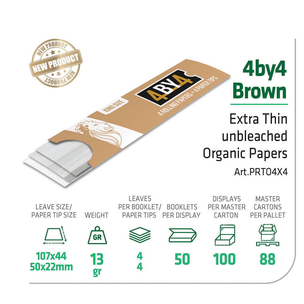 Palmer 4 BY 4 Brown King Size Rolling Papers + Paper Tips