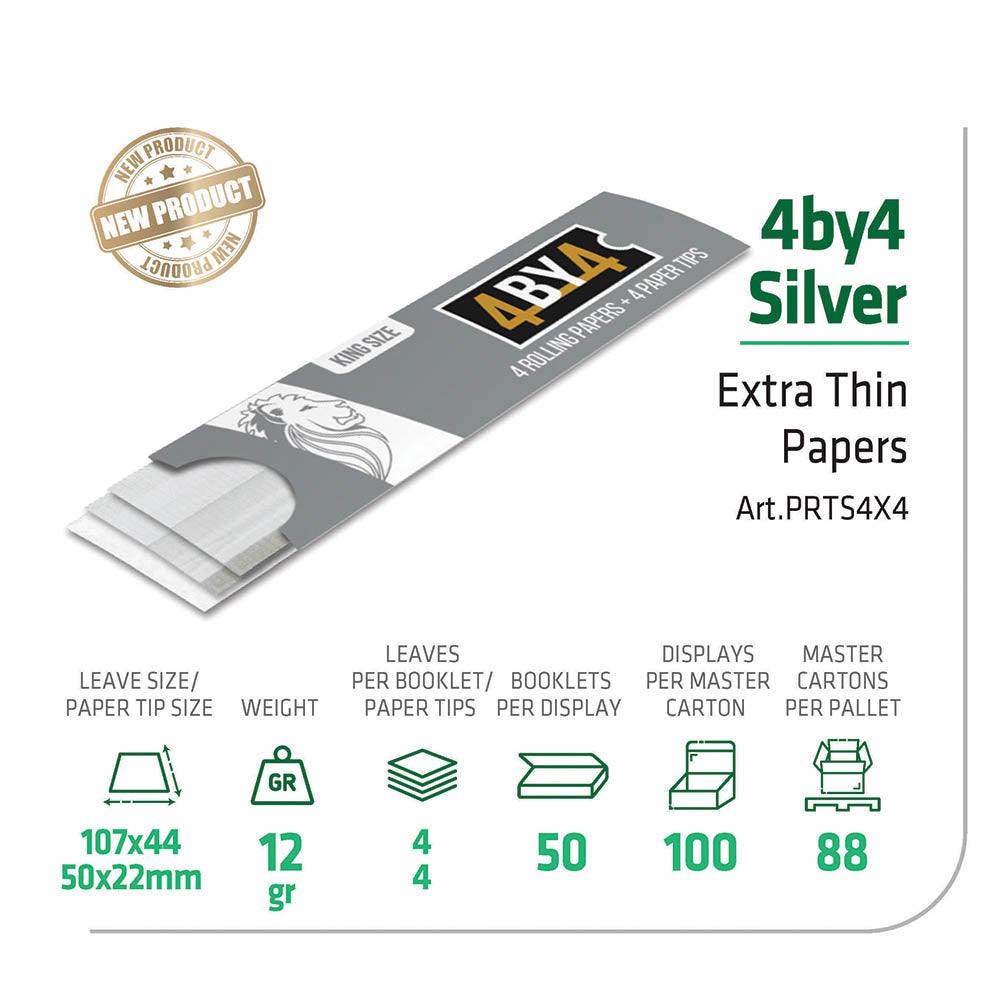 Palmer 4 BY 4 Silver King Size Rolling Papers + Paper Tips